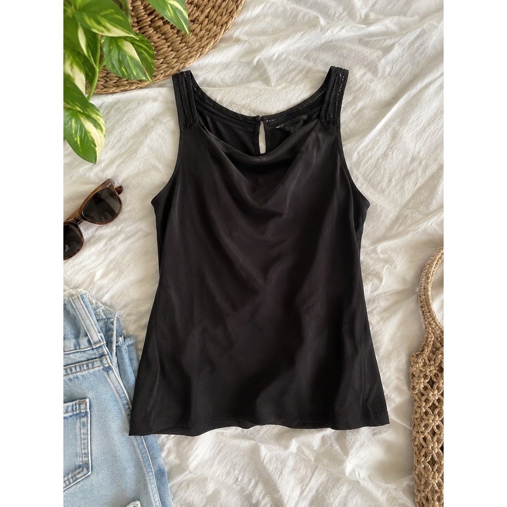 White House Black Market Black Satin Cowl Neck Lace Trim Sleeveless Top XS